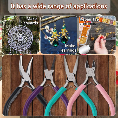 4 Piece Jewelry Pliers Set For Beading And Jewelry Making Including Needle Nose Pliers, Round Nose Pliers, Bent Nose Pliers And Wire Cutter Handy Tools Kit For Bracelet Craft, Wire Wrapping, And DIY Jewelry on a wooden surface with examples of craft projects like lanyards and earrings.