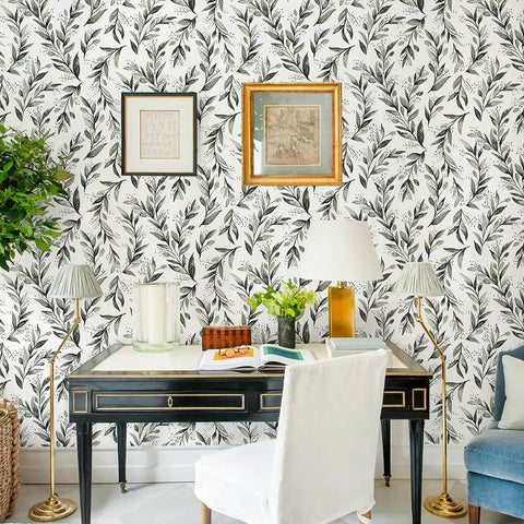 Room with Olive Leaf Peel And Stick Wallpaper 17.7 Inch By 196.8 Inch Sage Green Self Adhesive Vinyl For Walls, removable decor.