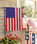 American Garden Flag 12x18 Inches Double Sided Burlap Stars And Stripes Weatherproof Patriotic USA Flag displayed on a porch
