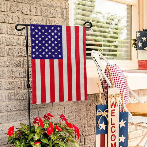 American Garden Flag 12x18 Inches Double Sided Burlap Stars And Stripes Weatherproof Patriotic USA Flag displayed on a porch