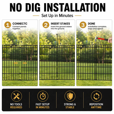 No dig installation guide for Easy To Install No Dig Garden Fence With Gate 44 Inch High 23.6 Foot Long Decorative Metal Outdoor Dog Fence Rustproof Pet Fencing For Yard Patio Garden Bed Temporary Fence For Pets.