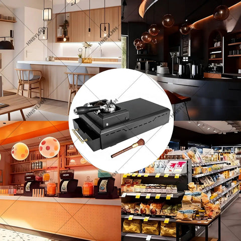 No Sweat Electric Portafilter Cleaning Machine And Espresso Knock Box With Integrated Scraper Brush Holder for 58mm Filter Group in modern cafe setting.