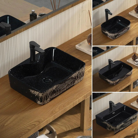 Bathroom Sink Retro Countertop Basin Household Ceramic Wash Basin Bathroom Wash Basin Personalized Hand-Carved Pattern Sink Bathroom Sink Vessel on wooden surface