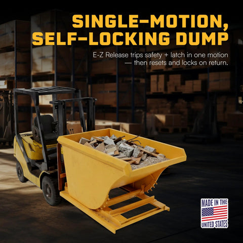 Commercial Grade 1 Cubic Yard Self Dumping Hopper Fits Standard Forklifts 6000 Lb Capacity with debris loaded.