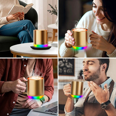Smart Self Heating Coffee Mug With 12 Oz Capacity And Ai Auto Warm Tech Features Music Reactive Ambient Lights in use.