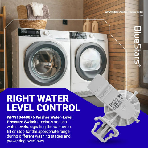Beefed Up Washer Water Level Pressure Switch Replacement WPW10448876 compatible with Whirlpool, Maytag in a laundry room setting