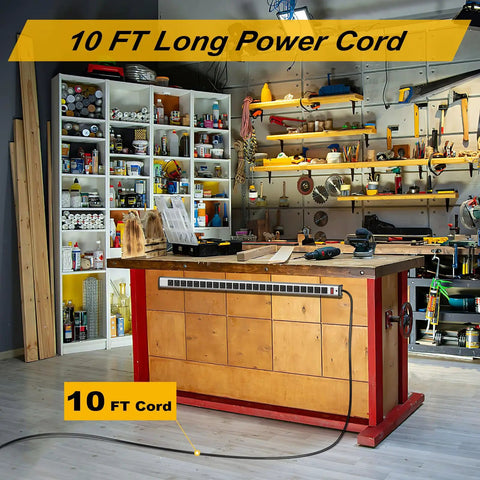 24 Outlet Heavy Duty Power Strip With 10 Ft Extension Cord in garage workshop, mounted on workbench, ETL certified metal body