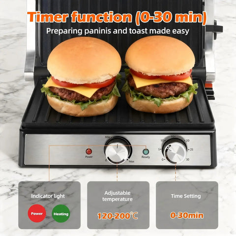 KEINVE 1700W Panini Press Grinder With Adjustable Temp And Time Controls For Perfect Melts Great Non Stick Coating opens flat with burgers.