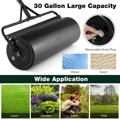Tow Behind Lawn Roller With 30 Gallon Water Sand Fill For Tractor Push And Pull, Heavy Duty Rustproof Steel Frame