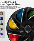 40 Pod Vertuo Capsule Carousel Organizer For Coffee Pods, rotating display showing various capsule sizes, black design.