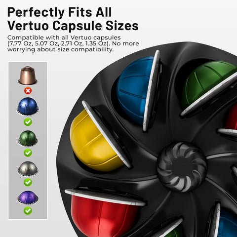 40 Pod Vertuo Capsule Carousel Organizer For Coffee Pods, rotating display showing various capsule sizes, black design.