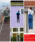 26.2 Foot Telescoping Aluminum Ladder With Hooks in use on roof, wall, and siding