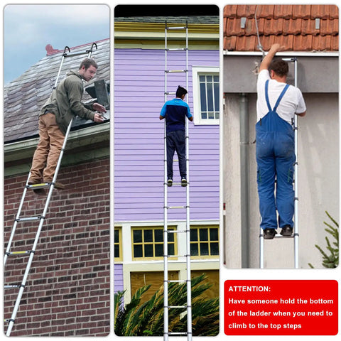 26.2 Foot Telescoping Aluminum Ladder With Hooks in use on roof, wall, and siding