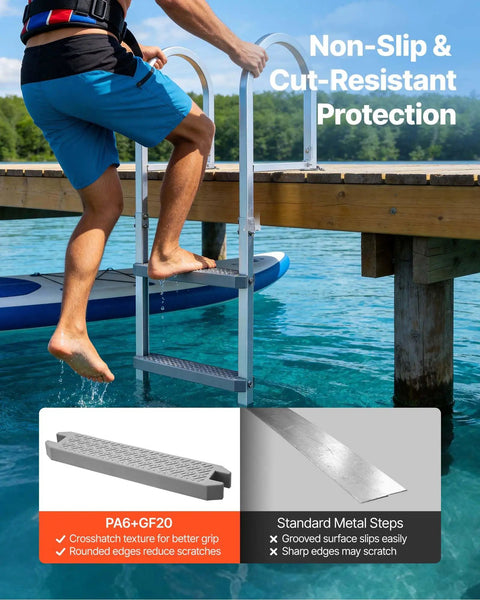 Removable 3 Step Aluminum Dock Ladder With Non Slip Wide PP Steps, 500 Lb Capacity, Quick Release, Easy In And Out For Lake Swimming, Pool Or Marine Boarding On Pontoon Boats. man using 3-step aluminum dock ladder