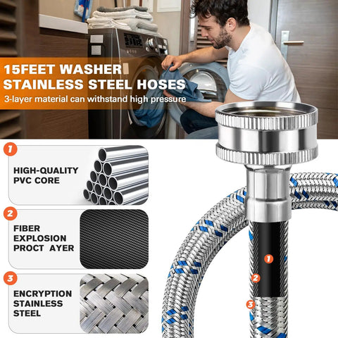 15Ft Stainless Steel Washing Machine Hoses Two Pack With Hot And Cold Water Lines Universal Fit For All Washers Burst Proof And Leak Free Striped Tubing 10 Year Warranty