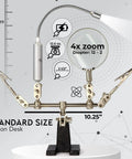 Helping Hand Magnifier Glass Stand With Flexible Neck LED Light And Alligator Clips showcasing zoom levels and dimensions.