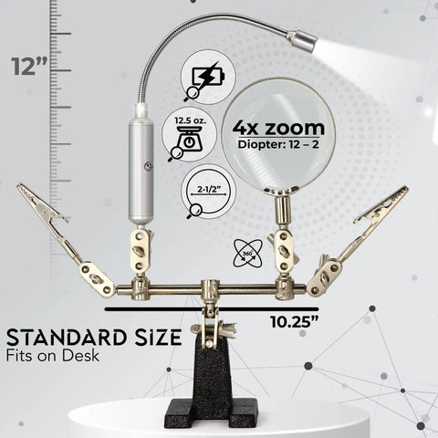Helping Hand Magnifier Glass Stand With Flexible Neck LED Light And Alligator Clips showcasing zoom levels and dimensions.