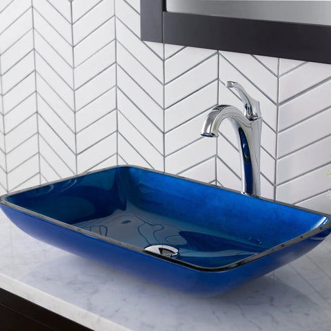 Rectangular Blue Glass Vessel Sink For Bathroom 22 Inch Above Counter Design Scratch Resistant And Easy Clean Interior Coordinates With Wall Mount Or Vessel Faucets For A Sleek Dope Modern Look displayed on a countertop.