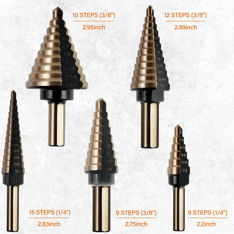 Five titanium step drill bits with markings, part of Six Piece Step Drill Bit Set With Automatic Center Punch Titanium HSS Coated Unibits Fifty Sizes For Metal And Aluminum Includes Durable Aluminum Case High Speed Cutting For DIYers.