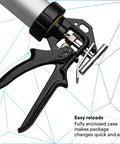 Close-up of Flexible 310 mL Foil Package Applicator with rugged metal components showing trigger and friction feed for sealant use