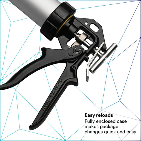 Close-up of Flexible 310 mL Foil Package Applicator with rugged metal components showing trigger and friction feed for sealant use