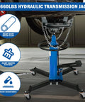 Kaflla High Lift Hydraulic Transmission Jack 1660 Lb With Foot Pedal for auto transmission service in garage, shown with solid alloy build.