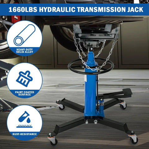 Kaflla High Lift Hydraulic Transmission Jack 1660 Lb With Foot Pedal for auto transmission service in garage, shown with solid alloy build.