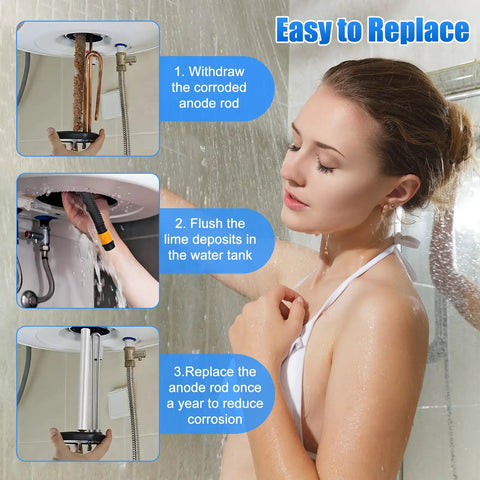 All In One RV Water Heater Maintenance Kit With 4 Piece Anode Rod Electric Heater Element Dual Hex Wrench And Tape Replacement Kit For Suburban RV Parts Road Trip Ready Hot Water Upgrade With No Fuss demonstration steps and woman showering