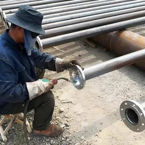 Worker installing Carbon Steel Slip On Flange Three Quarters Inch With Neck Forged Raised Face Class 150 for industrial piping