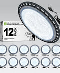 Powerhouse 200W LED Low Bay Light For Warehouse Garage And Workshop With 23900 Lumens 5000K Bright White IP65 Waterproof Low Profile Ceiling Pendant 5ft Plug In Cord ETL Listed 12 Pack Black showing 12 lights and packaging