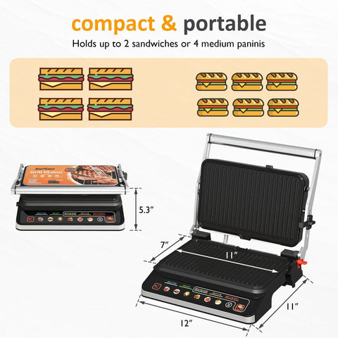 Kick Up Your Dinner Game With This Badass 3-In-1 Electric Grill Indoor showing dimensions, holds 2 sandwiches, stainless steel.