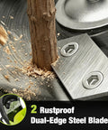Electric Wood Chipper And Shredder With 15 Amp Motor, 1.8 Inch Cutting Capacity showing rustproof dual-edge steel blades cutting wood