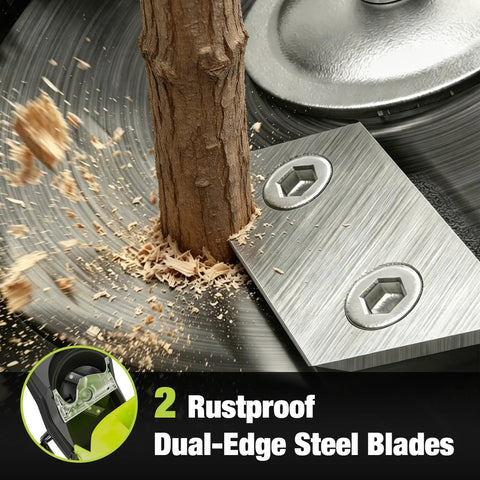 Electric Wood Chipper And Shredder With 15 Amp Motor, 1.8 Inch Cutting Capacity showing rustproof dual-edge steel blades cutting wood
