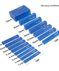Top Shelf High Precision Metric Setup Blocks, Durable Anodized Aluminum Height Gauge Set For Router And Table Saw Fine Tuning, Laser Etched 15 Piece Kit displayed with various metric gauge block sizes.