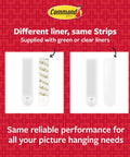Different liners for Damage-Free Picture Hanging Strips For Smooth Surfaces, green and clear options shown, 56 strips total, Command brand.