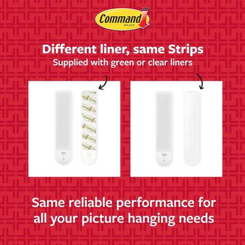Different liners for Damage-Free Picture Hanging Strips For Smooth Surfaces, green and clear options shown, 56 strips total, Command brand.