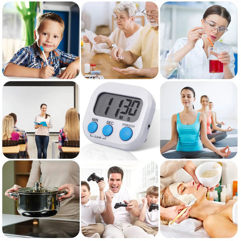 Collage featuring Bulk 12 Pack Digital Kitchen Timers with Magnetic Mounts for diverse uses like cooking, teaching, and yoga.