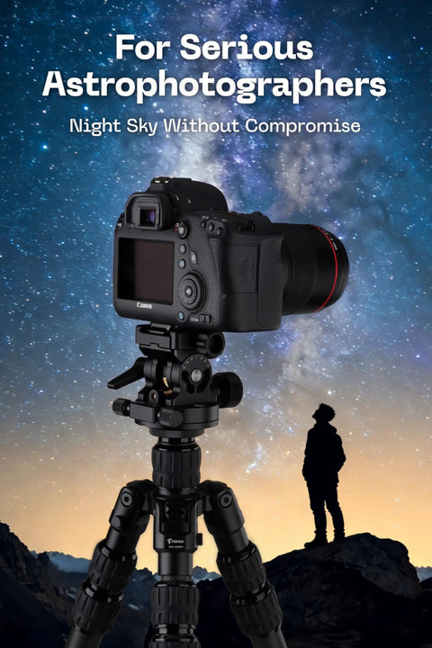 Camera on tripod under starry sky with silhouette of photographer, showcasing SkyGuider Pro Base Mount For Star Tracker Low Latitude Version