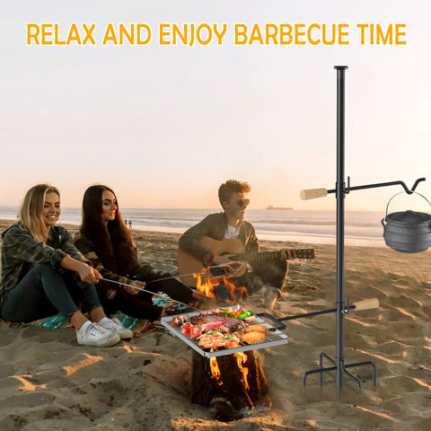 Four Prong Campfire Grill Grate With Swivel Handle For Heavy Duty Fire Pit Cooking And Outdoor BBQ on beach