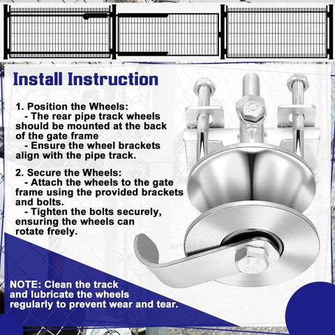 4 Pack Sliding Gate Rollers For Chain Link Gates, Heavy Duty Galvanized Gate Wheels, install instructions with rear track wheels
