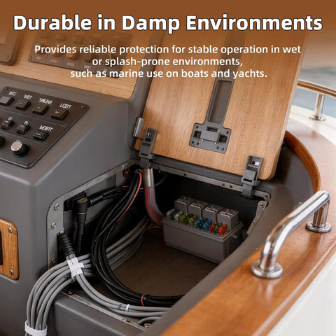 Waterproof 12V Fuse And Relay Box With 12 ATC ATO Fuses And Four Relay Slots Prewired Harness installed in a boat's control panel.