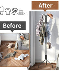 Before and after of organized space using Freestanding Coat Rack With Twelve Hooks, Standing Coat Tree And Hat Hanger, Black Finish