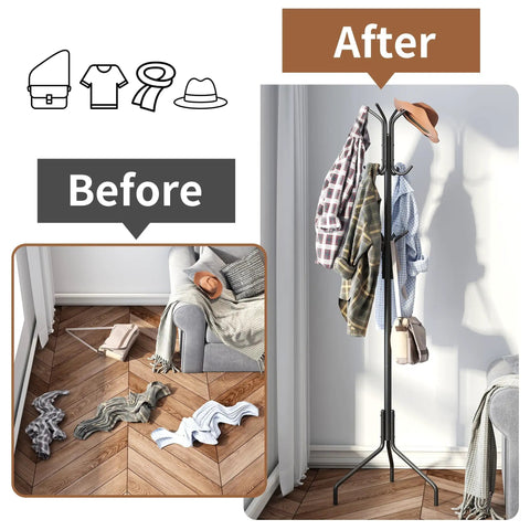 Before and after of organized space using Freestanding Coat Rack With Twelve Hooks, Standing Coat Tree And Hat Hanger, Black Finish