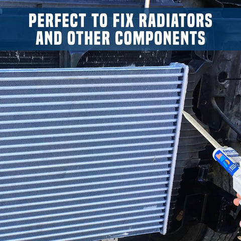 High Temperature Aluminum Radiator Repair Epoxy Kit For Metal And Automotive Fixes, 2oz, applied on a car radiator