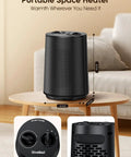 Portable 1500W Space Heater With PTC Ceramic Heating on a table showing controls and rear vent