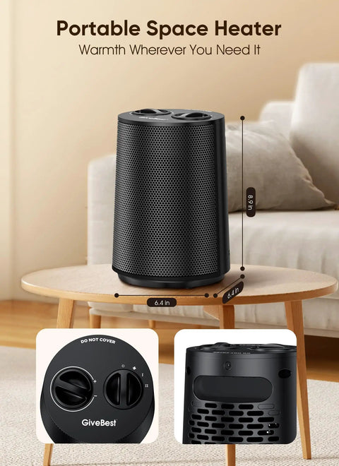 Portable 1500W Space Heater With PTC Ceramic Heating on a table showing controls and rear vent