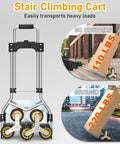 Heavy Duty Stair Climbing Dolly With Telescoping Handle And Six Rolling Wheels For Moving And Grocery Hauls Foldable Aluminum Cart, showcasing weight limits.