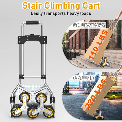 Heavy Duty Stair Climbing Dolly With Telescoping Handle And Six Rolling Wheels For Moving And Grocery Hauls Foldable Aluminum Cart, showcasing weight limits.