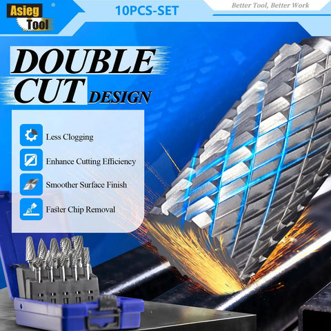 Pro Grade Ten Piece Carbide Burrs Set With One Quarter Inch Shank Double Cut Tungsten Carbide Rotary Files in action