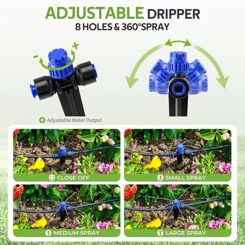 50Ft Garden Drip Irrigation Kit With Automatic Watering System Quick Connectors Five Way Connector Adjustable Drippers For Raised Beds